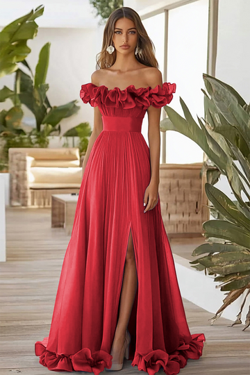 Off The Shoulder Red A Line Ruffled Long Formal Dress With Slit